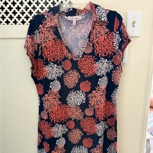 Dress with coral pattern in blue, coral and white. Knee length. Smoke & pet free